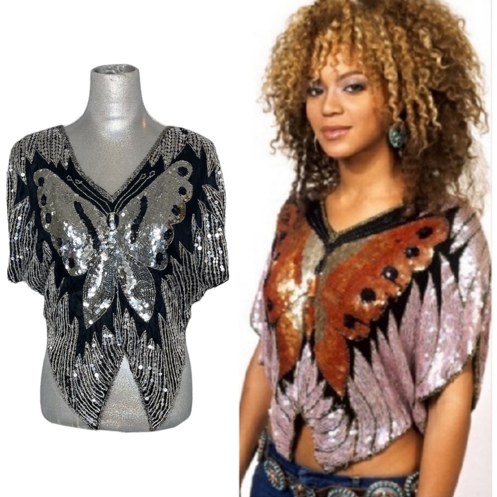 Vintage Sequin Butterfly Beyoncé 70’s Disco Silk Blouse Top
